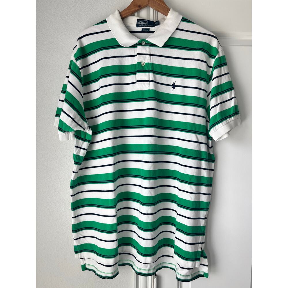 VTG Polo by Ralph Lauren Men's XXL Green/White Striped Collared Polo Preppy